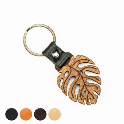 Wooden Keychain Leather Monstera Merbau
