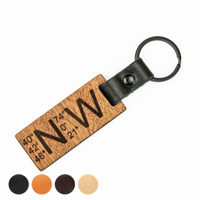 Wooden Personalized Leather Keychain Coordinates Merbau